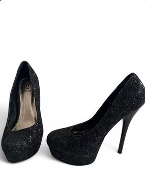 Sexy Black Glitter & Lace Platform Heels